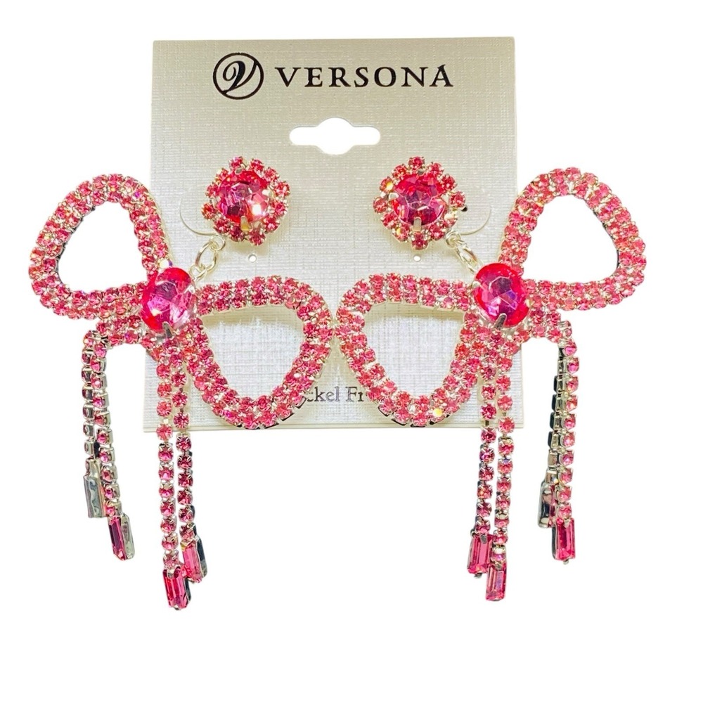 NWT Large Silver Tone Pink Rhinestone Dangle Drop Bow Pierced Earrings 2" x 3"